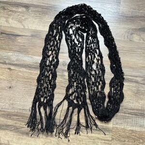 Y2K Open Knit Crochet Scarf Black Sequin Fringe Festival Whimsigoth Fairy Grunge